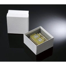 Bílá kartónová krabička pro uskladnění vzorků včetně mřížky, plastová vrstva, pro 100 zkumavek - 3 velikosti (BIOLOGIX)